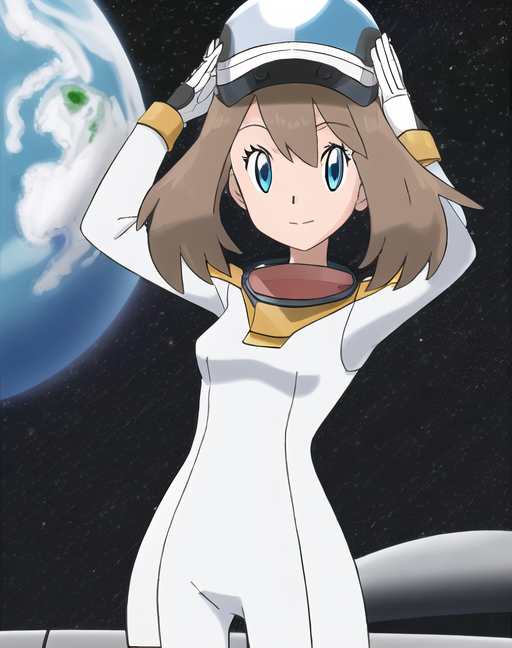 00117-4199188466-sugimori ken _(style_) 1girl, Maypokemon, brown hair, blue eyes, posing in a space suit, breasts, astronaut, holding helmet, uni.png